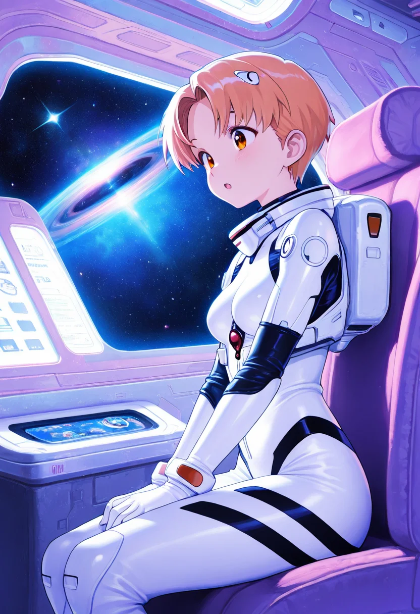 rei ayanami, ultra detailed, masterpiece, best quality, 1girl, solo, adult, indoors, space suit, sitting, seat, windows, futuristic vehicle, space, stars, galaxy, pastel colors, vintage, intricate detailed, finely detailed, amazing detail, from side, smile, :o, awe, shadows, dim lighting, cowboy shot,