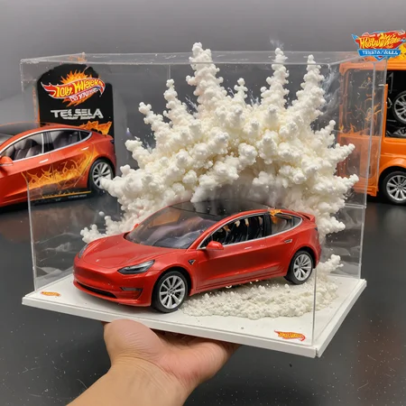 "Hot Wheels" toy car company have made a toy car version of a Tesla Model 3, The toy Tesla model 3 car comes in a mini display box. The car is exploding into fire and flames, white smoke fills the top of the display box, Realistic explosion from car, Realistic Flames bellow from the car windows inside the display box, Standing next to the car is a little plastic toy man, Man holds both arms in the air, <lora:TESLA_TOY_CARS:0.8>