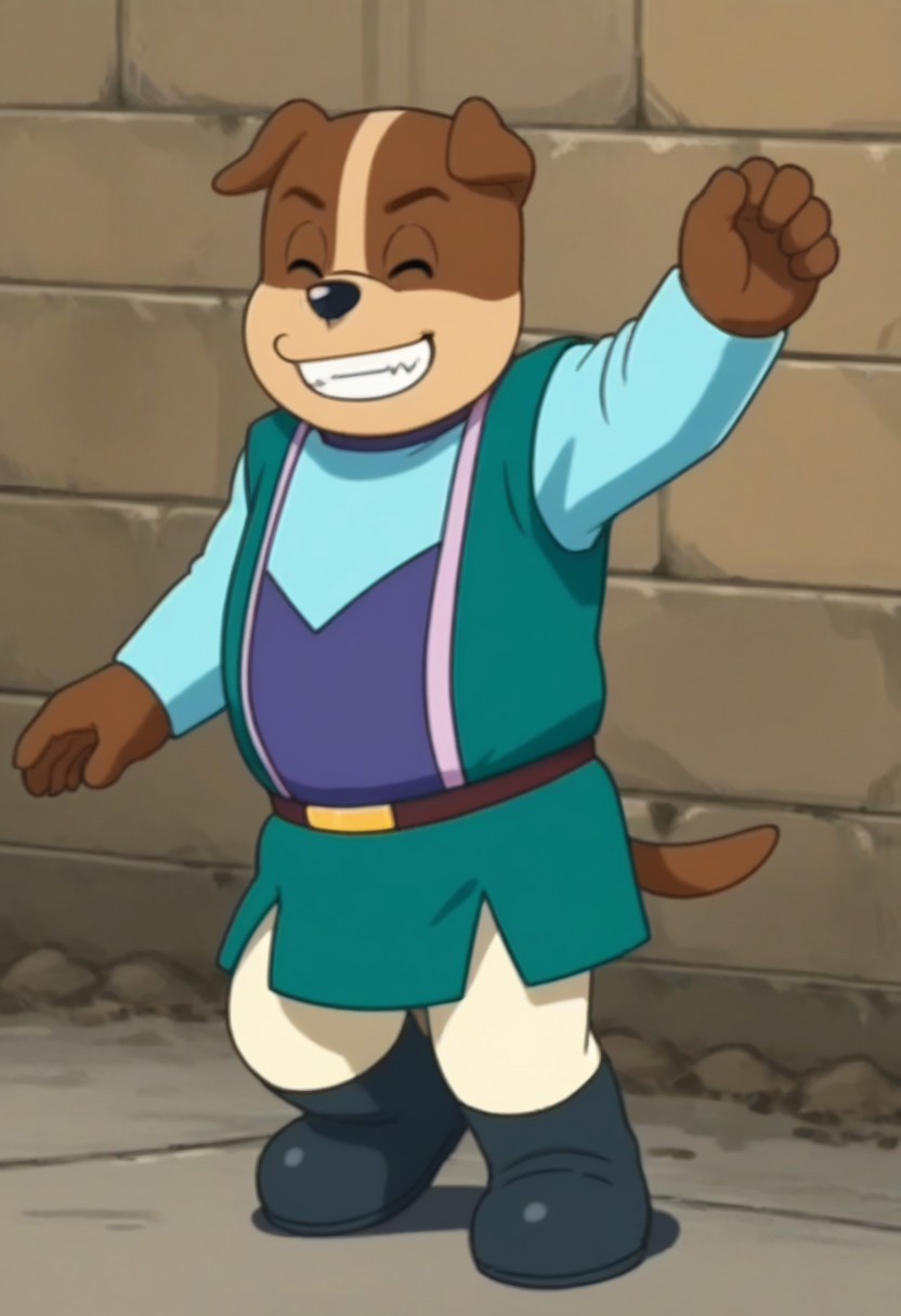 looking at viewer, dog, dog boy, male focus, brown fur, body fur, furry, furry male, 1boy, solo, brown hair, black eyes, animal ears, dog ears, animal nose, shirt, long sleeves, vest, belt, boots, black footwear, tail, full body, grin, closed eyes