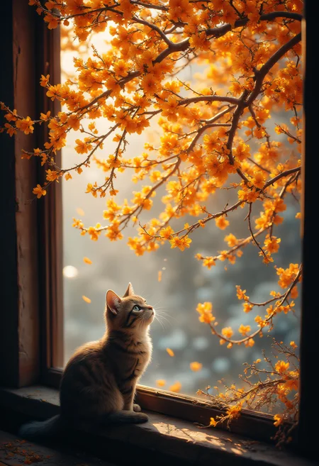 Outside the window, there is a sweet-scented osmanthus tree full of golden sweet-scented osmanthus flowers, and a cat on the windowsill looks up at the sweet-scented osmanthus flowers. Realistic photography, panoramic view, Chinese aesthetics, delicate texture, 8K high definition.