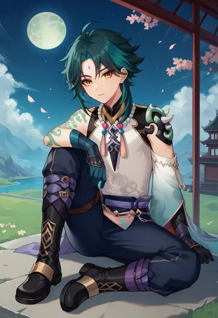 score_9, score_8_up, score_7_up, source_anime, highly detailed,
xiao, 1boy, male focus, solo, green hair, black hair, two-tone hair, ahoge, yellow eyes, facial mark, forehead mark, bangs, shirt, white shirt, sleeveless, single detached sleeve, shoulder armor, shoulder spiked, spiked, tattoo, arm tattoo, jewelry, beads, necklace, bead necklace, tassel, gloves, black gloves, pants, boots,
outdoor, oriental, sitting, on ground, full moon,