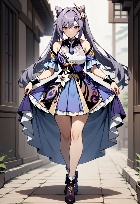 masterpiece, best quality, perfectly detailed, detailed face, detailed eyes, 1girl, Mature, complete clothes, BREAK,
keqing \(genshin impact\), fullbody, long dress, Curtsey,
complex background