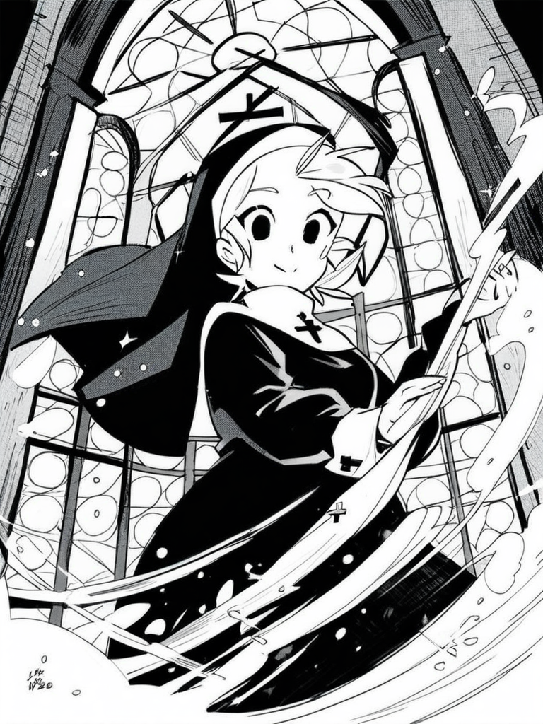 score_9, score_8_up, score_7_up, score_6_up, nun girl, holding a blue lamp, magic around, blue flash, from below, black tunic, church, big window behind, rosary,, particles around, splash art, looking at viewer, cowboy shot, dynamic pose, cute, wide shot, solo, dutch angle, 
<lora:INKtoonXLP_Style:1> InkToon, monochrome, black eyes, simple white  background, cute, sketch, thin line, cartoon, splash art, concept art