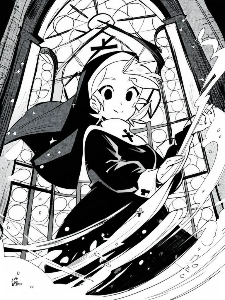 score_9, score_8_up, score_7_up, score_6_up, nun girl, holding a blue lamp, magic around, blue flash, from below, black tunic, church, big window behind, rosary,, particles around, splash art, looking at viewer, cowboy shot, dynamic pose, cute, wide shot, solo, dutch angle, 
<lora:INKtoonXLP_Style:1> InkToon, monochrome, black eyes, simple white  background, cute, sketch, thin line, cartoon, splash art, concept art