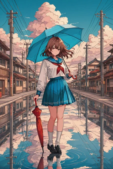 1girl,umbrella,outdoors,solo,skirt,school uniform,red neckerchief,sailor collar,ligne claire,serafuku,brown hair,holding,power lines,sky,neckerchief,utility pole,socks,holding umbrella,cloud,blue sailor collar,white socks,white shirt,long sleeves,blue skirt,shoes,shirt,pleated skirt,blue sky,standing,black footwear,day,reflection,loafers,medium hair,brown eyes,long hair,closed mouth,cloudy sky,full body,building,scenery,floating hair,looking at viewer,
<lora:nest virgo_illustriousXL:1.5>,
