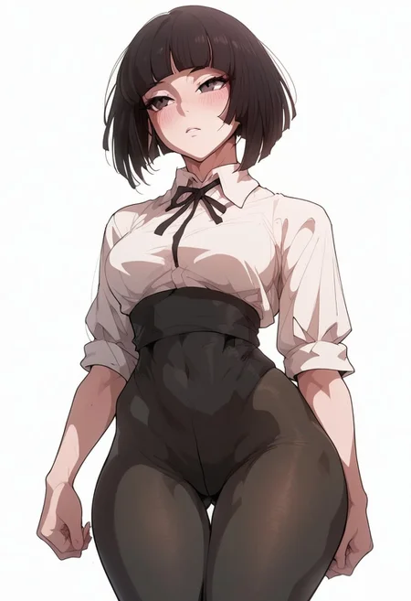 score_9, score_8_up, score_7_up, rating_explicit, uncensored ,1girl, solo focus, , ,Kivye, black eyes, black hair, short hair, blunt bangs, normal uniform, sexy slender curvy body, (sexy thick thighs), extremely sexy legs, blush, nose , , sexy body, wide hips and narrow waist, ,Battle clothes, short hair, black pantyhose,white shirts , standing