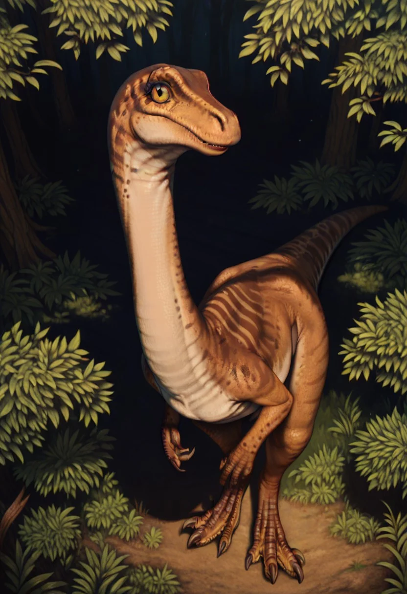 score_9_up, score_8_up, score_7_up, solo focus, full body, dynamic angle, gallimimus, dinosaur, brown skin, yellow eyes, claws, long neck, forest