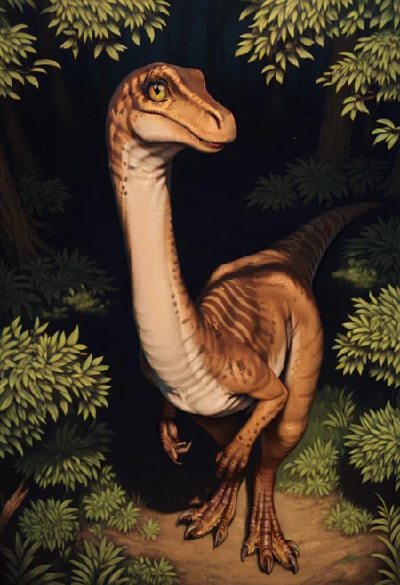score_9_up, score_8_up, score_7_up, solo focus, full body, dynamic angle, gallimimus, dinosaur, brown skin, yellow eyes, claws, long neck, forest