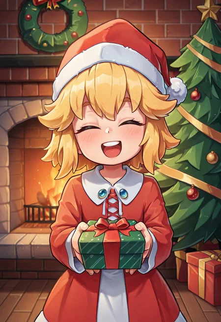 princesita, 1girl, solo, smile, blonde hair, long sleeves, red dress, christmas dress, happy, smiling, christmas hat, holding present, giving present to viewer, christmas tree, chimney, fireplace, indoors, closed eyes, :D,
masterpiece, best quality,amazing quality, very aesthetic, absurdres, depth of field, blurry background, extremely detailed face, detailed eyes
