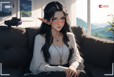 Fullmetal_alchemist style, triba1gir1XL, score_9, score_8_up, score_7_up, 1girl, Arwen_Undómiel, Arwen_(Lord_of_the_Rings), Evenstar, evenstar_pendant, pendant, jewelry, Arwen, elf, blue eyes, black hair, long hair, sidelocks, (embarrassed), sitting, full-face blush, on couch, (recording), media player interface, battery indicator, Scenery, indoors, (casting_couch:1.2)