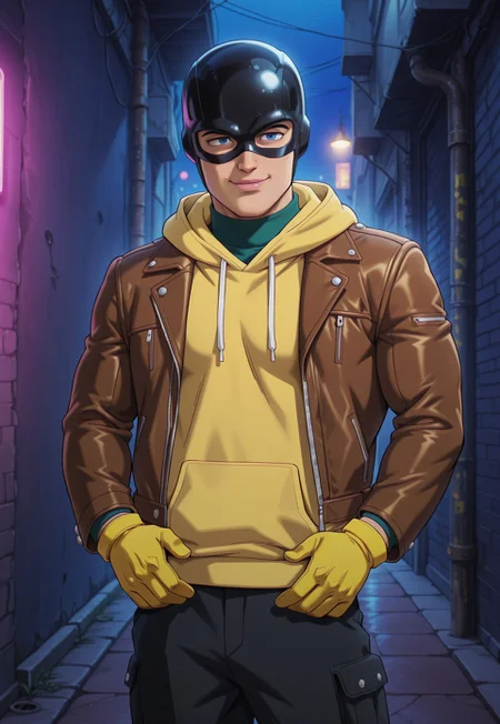 dbstyle, masterpiece, best quality, hyper-Detailed, 1man, solo, male focus, alone, detailed, peter ((young, muscular body, fair skin, detailed blue eyes, thick lips, chin stubble)), ((wearing black helmet, black mask, daredevil mask, brown leather jacket with long sleeves over a yellow hoodie over a green sweater turtleneck, black cargo pants, thick yellow gloves)), smiling, hands on waist, standing in an alley, night
