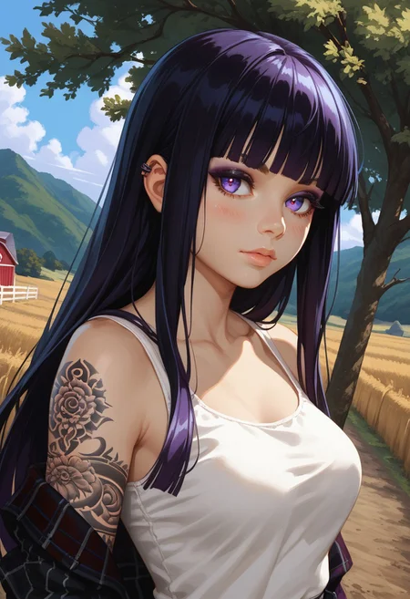 (score_9, score_8_up, score_7_up),
(dutch angle, upper body:1.4),
1girl, solo, black hair, detailed eyes, purple eyes, long hair, straight bangs, medium breasts, (goth, wide hips:1.1), eyeshadow, jeans, hime cut,
tattoo, tattooed arm, flannel shirt, p(urple shirt, white tanktop), nature, outdoors, farm, blush, wind, windy hair, cowboy shot