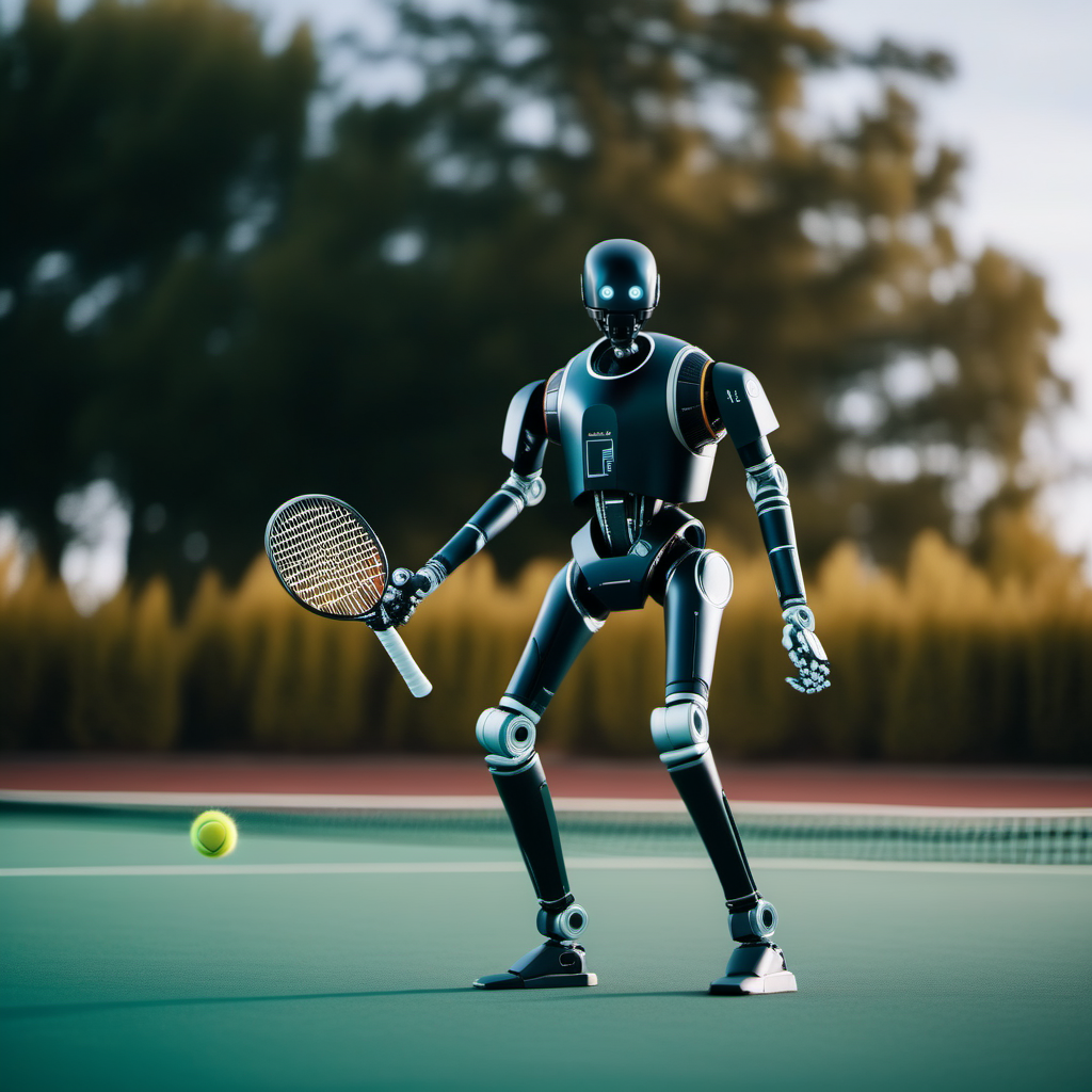 cinematic photo robot, solo, no humans, playing tennis <lora:K2SO:0.8> . 35mm photograph, film, bokeh, professional, 4k, highly detailed