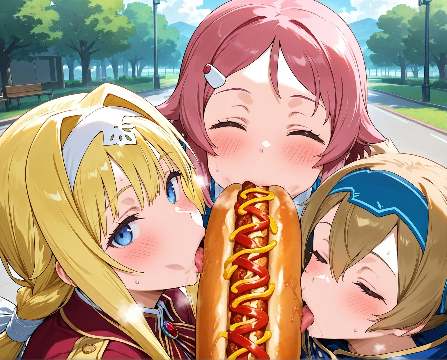 masterpiece,best quality,amazing quality,very aesthetic,absurdres,newest, huge filesize,
<lora:spo_sdxl_10ep_4k-data_lora_webui:0.5>,
<lora:add-detail-xl:1>
<lora:Eating_a_hotdog:0.7>
pov hotdog, huge hotdog,
Eating a hotdog,  cooperative fellatio Eating ,  licking hotdog,  facedown,
(3girls:1.4),food,multiple girls, 
hot dog,blush,
sexually suggestive,
sweat,
seductive,
sexy,
food play,closed eyes, enjoy,white sauce,
BREAK
lisbeth \(sao\), 
silica \(sao-alo\), 
 alice zuberg,