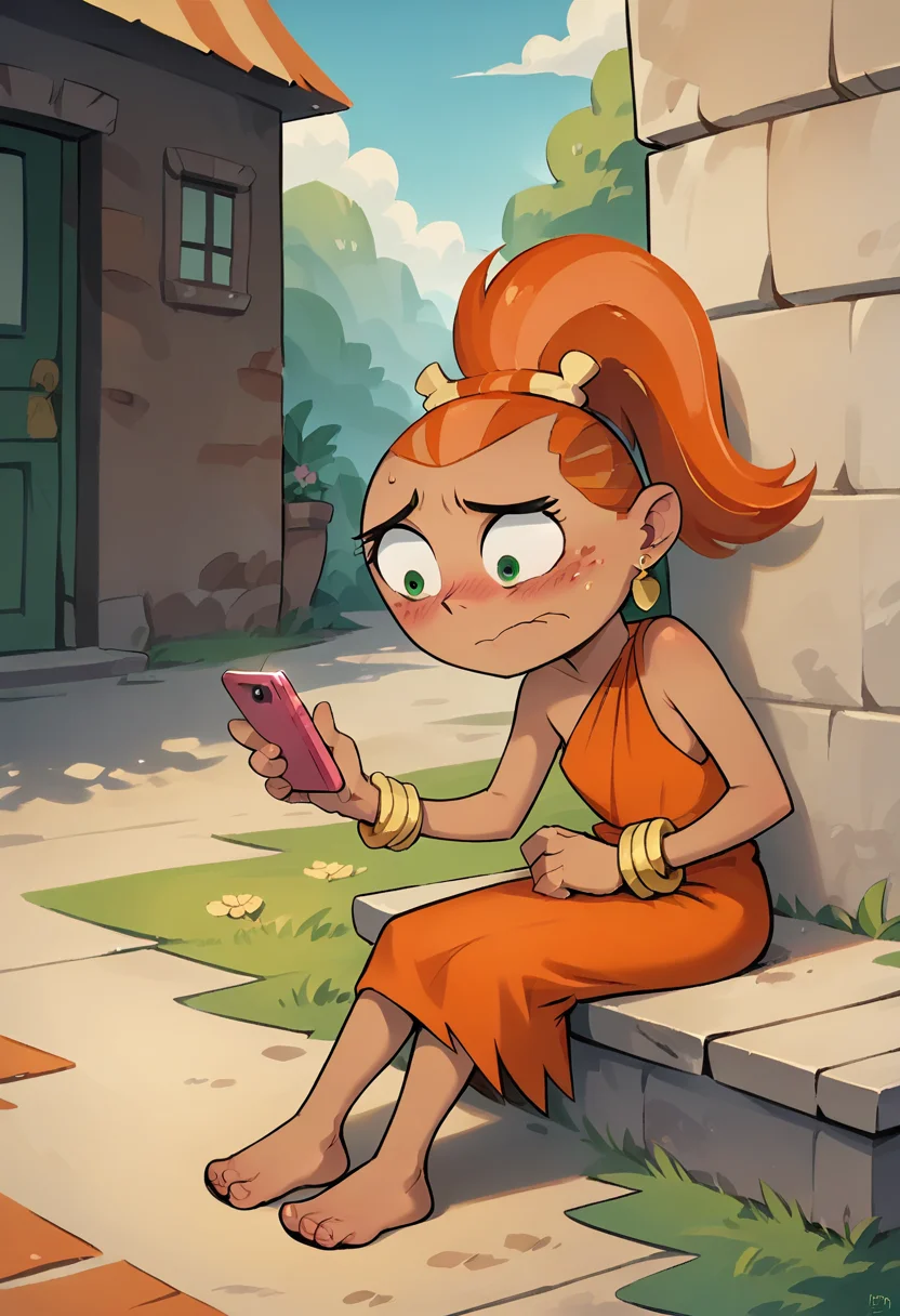 score_9, score_8_up, score_7_up, masterpiece, 1girl, ctianf4ng, earrings, bracelet, orange dress, outdoors, sitting, blush, nervous, phone, <lora:fang_barbarian_pony_ct:1>