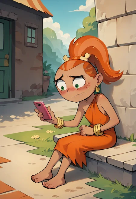 score_9, score_8_up, score_7_up, masterpiece, 1girl, ctianf4ng, earrings, bracelet, orange dress, outdoors, sitting, blush, nervous, phone, <lora:fang_barbarian_pony_ct:1>