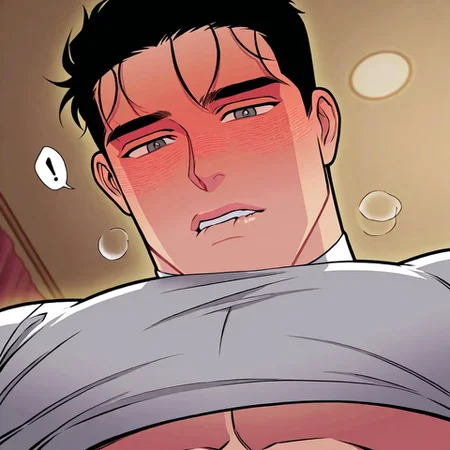 1boy, male focus, ((((muscular male)))), black hair, solo, !, short hair, looking at viewer, blush, shirt, portrait, white shirt, teeth, spoken exclamation mark, black eyes, grey eyes, biting lip, Seol Beom, white shirt, looking at viewer, face focus, upper body focus, ((biting bottom lip, biting_lip)), fuck me daddy look, seductive, seductive gaze, ((intense gaze)), stitting, (((close up))), covered chest, (((((bedroom_eyes))))), ,bara, ((in heat)), hazy eyes, misty eyed,