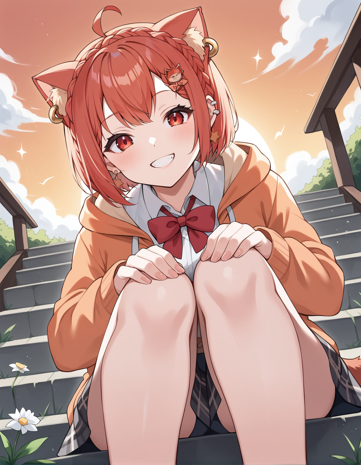 score_9, score_8_up, score_7_up, source_anime, rating_safe, BREAK <lora:ratnaPetitXL_LoRA-C3Lier_AdamW_Dim16_Alpha16_UN-3e-4_TE-1.5e-4_10batch_ponyDiffusionV6XL_v6StartWithThisOne:1>, ratna petit, 1girl, virtual youtuber, animal ears, animal ear fluff, ear piercing, crown braid, ahoge, red hair, short hair, red eyes, tail, star earrings, hair ornament, hooded cardigan, orange cardigan, white shirt, red bow, plaid skirt, pantyshot, grin, dutch angle, head tilt, hands on own knee, looking at viewer, facing viewer, looking down, from below, sitting, stairs, grass, flower, sunset, orange sky, gradient sky, cloud