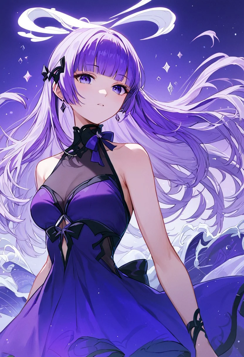 score_9, score_8_up, score_7_up, Sinestrea_Wave, 1girl, long hair, dress, jewelry, medium breasts, long hair, purple hair, earrings, sleeveless, blunt bangs, sleeveless dress, halo, polearm, purple dress,