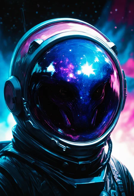 solo, no_humans, blurry_background, depth_of_field, helmet, portrait, 1other, star_\(sky\), facing_viewer, science_fiction, starry_sky, reflection, realistic, space, alien, ambiguous_gender, spacesuit, space_helmet, astronaut, galaxy, nebula, depth of field, photo \(medium\),
best quality, very awa, highres, newest