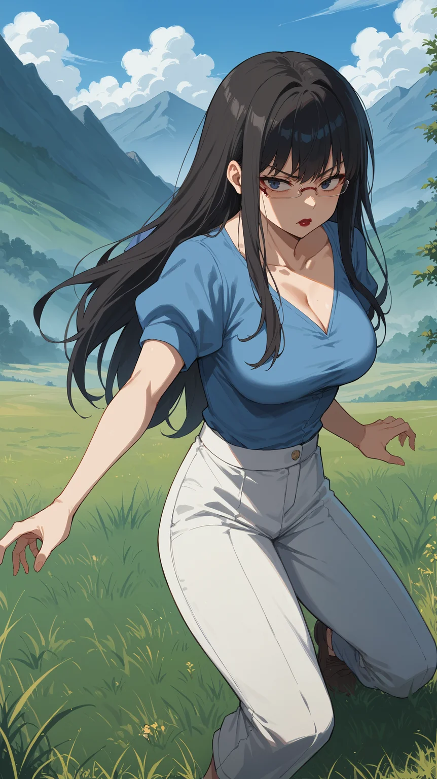 score_9,score_8_up,score_7_up,score_6_up, <lora:xl_more_art-full_v1:0.5>, source_anime, woman, dynamic pose, beckoning, <lora:Touko Kanbayashi - Pony-000004:0.8>, glasses, long hair, black hair, dark blue eyes, blue shirt, short sleeves, white pants, red lipstick, tired eyes, open fields, grassy hills, mountainous horizon, tall grass,