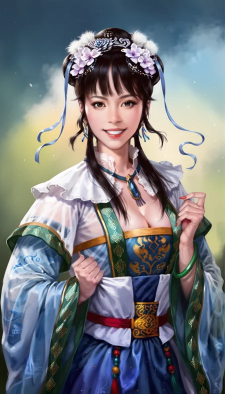 score_9,score_8_up,score_7_up,
realistic,highly detailed,highres,
<lora:wangyuanji:1>,wangyuanji,
1girl,solo,black hair,blunt bangs,updo,low ponytail,hair ornament,purple hair flower,grey eyes,looking at viewer,grin,chinese clothes,layered blue and white fabric,intricate frills and lace,lace collar,blue ribbon,sheer robe,jade bracelet,a jade pendant as a waist decoration,cleavage,
upper body,front view,
simple background,blurry background,