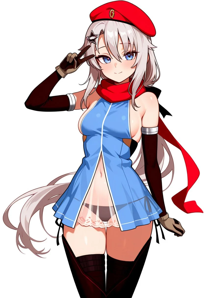 (9a-91 \(girls' frontline\), blue eyes, long hair, very long hair, silver hair, hair between eyes, hair ornament, star hair ornament), (red beret, red scarf, blue dress, sideboob, detached sleeves, black elbow gloves, brown gloves, see-through, black thighhighs, black panties, Side-tie panties), (standing, V sign, peace sign, looking at viewer), simple background, white background, cute, pretty, BREAK (score 9, score 8 up, score 7 up, source anime), (score_9, score_8 up, score_7 up, source_anime), (masterpiece, best quality, high quality, absurdres, absolutely resolution, incredibly absurdres, high res image, 8K),