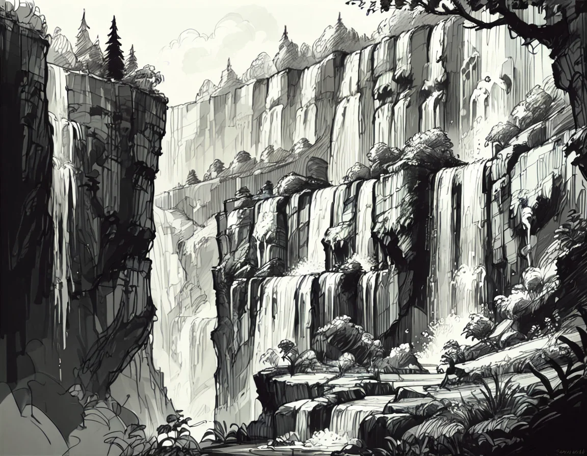 score_9, score_8_up, score_7_up, <lora:Messy Sketch Style:1>,cliffside with waterfall and medow, monochrome