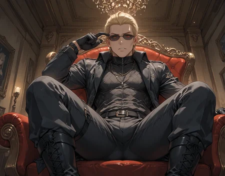 PonyScores7, source_anime, ah, 1IllustriousQual,
BREAK ((from below), medium distance from viewer, focus on chest)
BREAK <lora:albertwesker-guy-PONYv1:0.8> albertwesker, 1boy, toned, athletic, fit, mature male,  angular face, sharp_featured face, handsome, charming, alluring, <lora:shinyskin2:0.2> glistening skin, AS-MidAged, <lora:shinyskin2:0.2> glistening skin
BREAK slicked back hair, short hair, blonde, <lora:hairdetailpxl:0.2> hairdetailpxl, 
BREAK slit pupils, orange eyes, <lora:expressive eyes:0.2> expressive eyes, <lora:eyedetailpxl:0.2> eyedetailpxl, <lora:Eyes_High_Definition:0.2> EyesHD
BREAK (reclines on a chaise lounge, one arm draped over the back, looking thoughtfully at the ceiling)
BREAK (A man at a job interview accidentally removes his pants instead of his jacket, leaving him in his boxers until a colleague discreetly hands him the right garment)
BREAK focused, intense glare, apathetic, contemptuous,  <lora:Expressive_H:0.2> Expressiveh, looking at viewer, <lora:Emotional_Anime_Expressions_PonyXL_Concept:0.2> emotional, <lora:Best_Facial_Expression_LoRA_PONY:0.2>, <lora:expresionesv3Rank128:0.2> expresiones, <lora:Detailed expressive EXEV style -XL Pony V1.0:0.2> FaceDetail
BREAK (black gloves, watch, belt, black coat, black pants, black turtleneck, zipper,  black boots), (sunglasses:1.3), 
BREAK <lora:xl_more_art-full_v1:0.2>, <lora:aesthetic_anime_v1s:0.2>, <lora:EpicF4nta5yXL:0.2>, <lora:detailxl:0.2> detailxl, <lora:Fant5yP0ny:0.2>, best quality, amazing quality, best aesthetic, absurdres, illustration, Volumetric_Lighting, ultra-detailed, very aesthetic, intricate details, 8k, masterpiece, best_quality
BREAK Stable_Yogis_PDXL_Positives, AS-Adult, <lora:Complicated fantasy portrait - XL Pony V2.0:0.2>, bad-hands-5, <lora:HDA_Detailer:0.3>