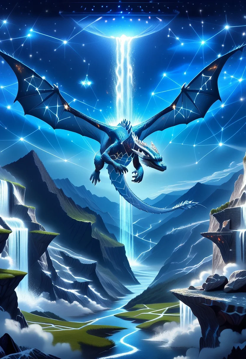 starry_morph dragon, dynamic pose, flying, night sky, multicolored, mountain, rocky terrain, waterfall, masterpiece, high details, high quality,