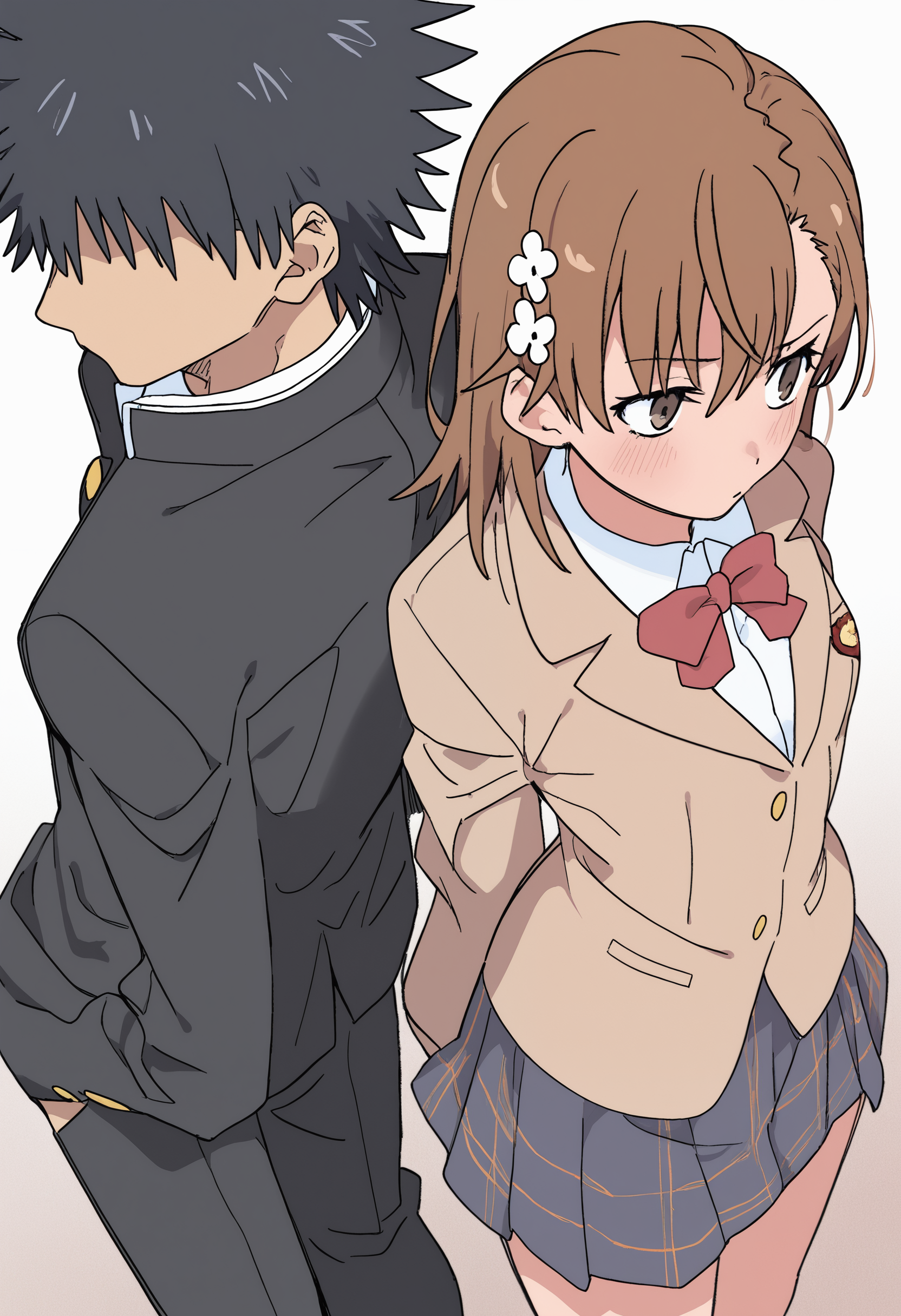 ,,kamijou_touma, 1boy, school uniform, cowboy_shot, from_above, misaka_mikoto, 1girl, back-to-back, faceless male, ,masterpiece,best quality,newest,absurdres,highres,very awa <lora:None:1.0> <lora:Himuro_Yukichiko_Style-000012:0.9500000000000002>