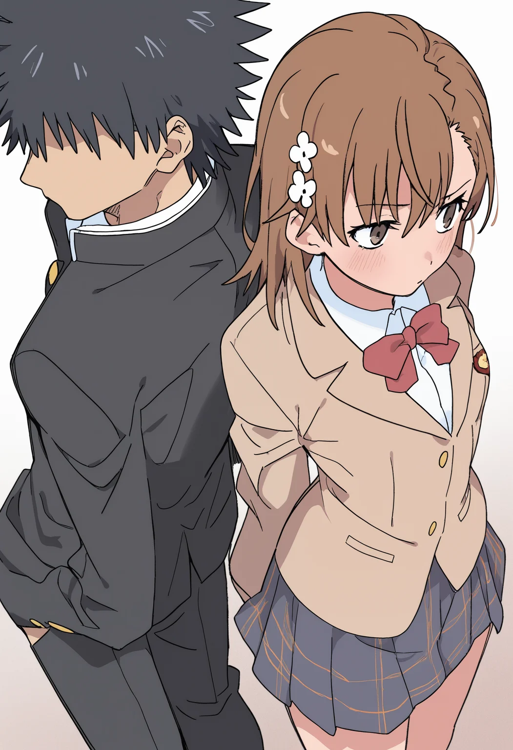 ,,kamijou_touma, 1boy, school uniform, cowboy_shot, from_above, misaka_mikoto, 1girl, back-to-back, faceless male, ,masterpiece,best quality,newest,absurdres,highres,very awa <lora:None:1.0> <lora:Himuro_Yukichiko_Style-000012:0.9500000000000002>
