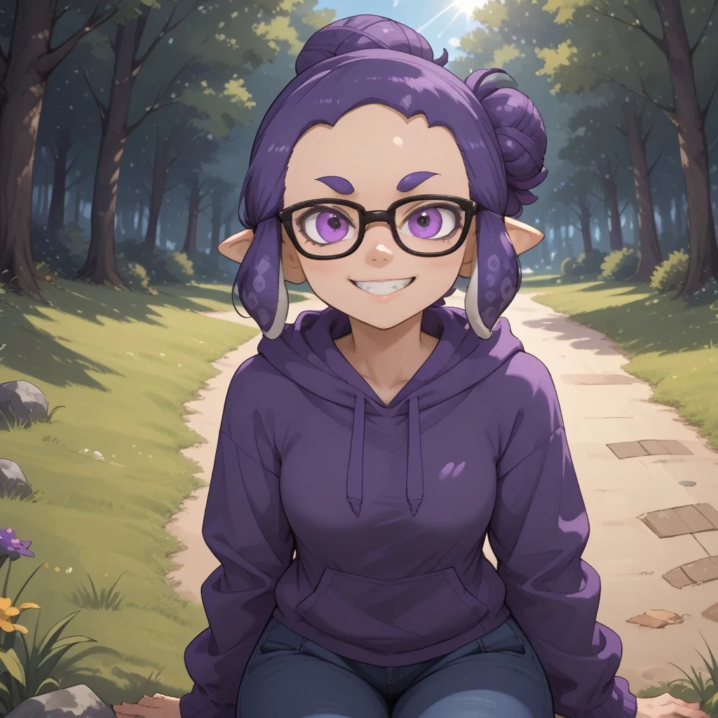 score_9, score_8, BREAK, solo, splatoon, inkling, female inkling, 1girl, tentacle hair, purple hair, single hair bun, purple eyes, glasses, cute, purple eyebrows, purple hoodie, purple jeans, purple shoes, breasts, Jeanette_Romero_(\OC_Inkling\), sexy pose, self portrait, smile, outdoors, sunlight, shadows, evening lighting, natural lighting, forest, trees, grass, orange sky, sunset, sitting, feet, soles