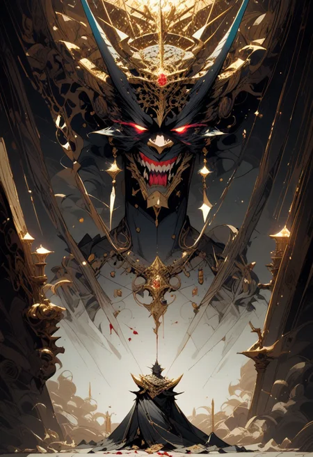 score_9, score_8_up, score_7_up, walking, easynegative, beast man, four horns, masterpiece, best quality, ultra sharp, 32k, ((shiny body)),, demon beast, sharp teeth, detaled face, white hait hair, (long hair:1.3), (((red demon horns))), yakuza arm tattoos, tribal tattoos legs, tail, red lips, blood dripping from lips, blood on body, (glowing eyes:0.4), (ornate:1.5), gold, (smug:0.85), makeup, gold jewelry, gold earrings, braids ornament, open eyes,
BREAK
Inside an alchemist's dimly lit house, a porcelain demon lying elegantly on a luxurious velvet red bed. The scene is intimate and charged with tension, with the warm glow of candlelight reflecting off the rich fabrics and the glass. The atmosphere is darkly enchanting, blending a sense of forbidden allure with the arcane ambiance of the alchemist’s home.
BREAK
interior alchemist's house, alchemist's background, cinematic light, vivid colors, best shadows, cinematic composition, vivid skin, best shadows, Royal Victorians alchemist's house,