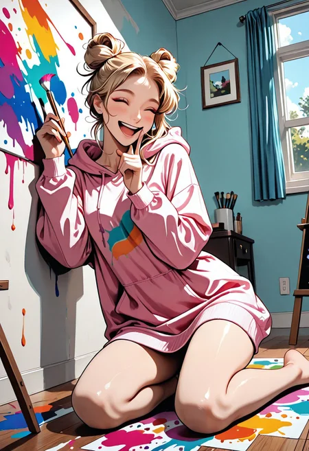 masterpiece, best quality, flat color, 1girl, woman, Bunij, blonde hair, hair buns, brown eyes, large oversized hoodie, hoodie dress, bare legs, bare feet, happy, laughing, Expressiveh, holding paint brush, painting walls, colorfull paint everywhere, dynamic pose, dynamic angle, detailed background, empty room, white walls, colorfull paint splashes on walls, sunny day, highly detailed, zPDXLpg