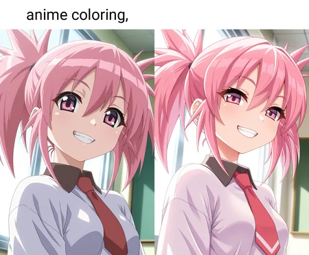 masterpiece, best quality, amazing quality, 1girl, solo, anime coloring, (portrait:1.2), lunarww, pink eyes, pink hair, medium hair, twintails, small breasts, school uniform, collared shirt, oversized shirt, looking at viewer, grin, teeth, indoors, day, skindentation, detailed clothing folds, depth of field, sharp, high contrast, dynamic light <lora:Edomae_Lunar_Seto_no_Hanayome_ill_v11:0.9>