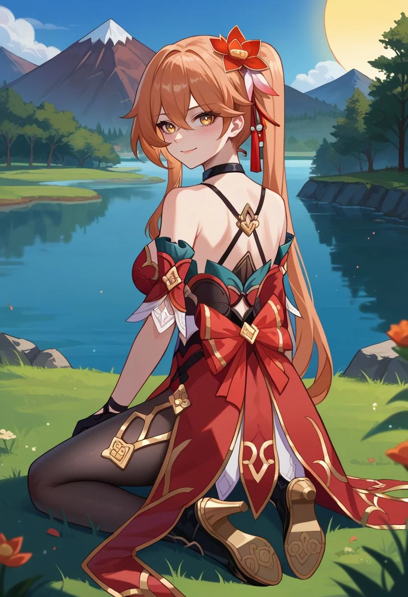 score_9, score_8_up, score_7_up, source_anime, 1girl, guinaifendef, yellow eyes, orange hair, long hair, hair between eyes, side ponytail, hair ornament, hair flower, black choker, bare shoulders, detached sleeves, red dress, chinese clothes, black gloves, black pantyhose, black footwear, high heels, boots, wariza, kneeling, closed mouth, smile, blush, looking at viewer, outdoors, grass, nature, lake, mountain in the background, sun, from behind, back, looking back, <lora:Guinaifen_v1-000010:1>