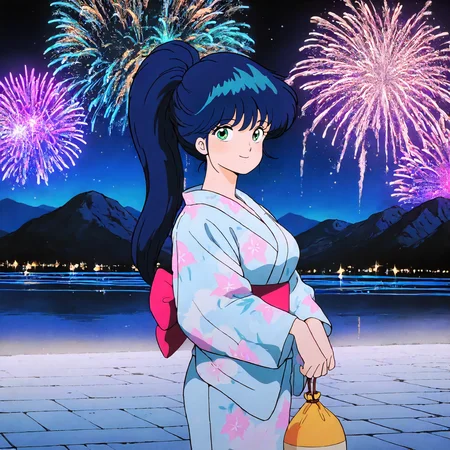 <lora:KOR_MadokaAyukawaXLIllustrious002>,
masterpiece,best quality,good quality,newest,
outdoors,night_sky,mountain,nature,fireworks,glitter,
smile,
looking at viewer,
solo,
MadokaAyukawa,1girl,blue hair,high ponytail,green eyes,
breasts,
yukata,
standing,