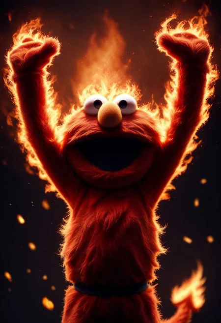 score_9, score_8_up, elmo, muppet, (cute), red fur, thin torso, demonic laugh, arms up, arms straight, looking upwards, upper body, (((flames in the background))),  red sky, surrounded by fire, fire in the background, everything on fire, debris in the air, mad-flames, photo