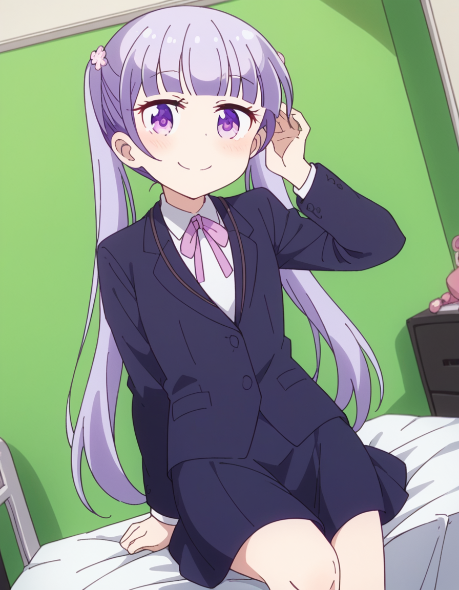 score_9, score_8_up, score_7_up, source_anime, <lora:aoba-suzukaze-s2-ponyxl-lora-nochekaiser:1>, aoba suzukaze, eyebrows, hair ornament, long hair, purple eyes, purple hair, twintails,, blue skirt, bow, bowtie, business suit, dress shirt, formal, neck ribbon, pink bow, pink bowtie, pink ribbon, ribbon, shirt, skirt, skirt suit, suit, white shirt,, indoors, bed, bed room, on side, blush, drunk,, smile, , hand behind head, smile,, solo,, cowboy shot, dutch angle