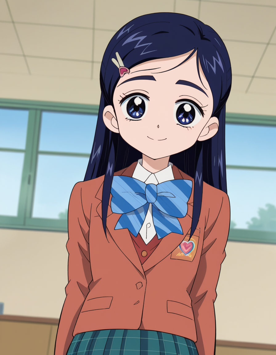 score_9, score_8_up, score_7_up, source_anime, <lora:honoka-yukishiro-anime-ponyxl-lora-nochekaiser:1>, honoka yukishiro, long hair, blue eyes, hair ornament, blue hair, hairclip,, skirt, bow, school uniform, jacket, bowtie, blue bow, blazer, brown jacket, plaid, plaid skirt, green skirt, red blazer,, indoors, smile, looking at viewer, solo,, cowboy shot, dutch angle