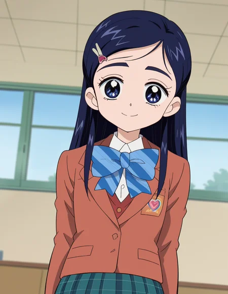 score_9, score_8_up, score_7_up, source_anime, <lora:honoka-yukishiro-anime-ponyxl-lora-nochekaiser:1>, honoka yukishiro, long hair, blue eyes, hair ornament, blue hair, hairclip,, skirt, bow, school uniform, jacket, bowtie, blue bow, blazer, brown jacket, plaid, plaid skirt, green skirt, red blazer,, indoors, smile, looking at viewer, solo,, cowboy shot, dutch angle
