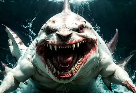 shark , great white , The beasts looks very angry and ready to cause chaos,  DEVIL SPAWN