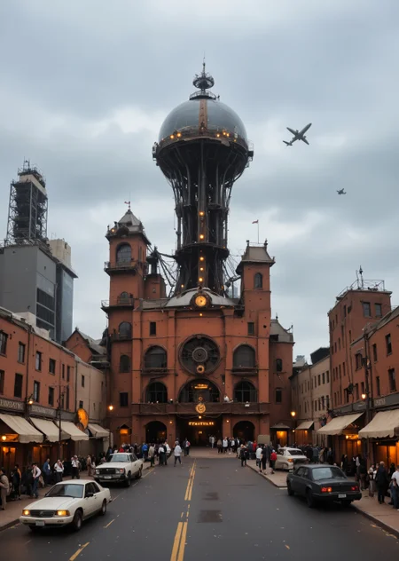 depicting a sprawling, fantastical cityscape with a steampunk aesthetic. The layout is a wide panoramic view showcasing a dense array of intricately designed buildings with pointed spires, domes, and elaborate architectural details. The structures are predominantly dark with hints of blue and bronze, creating a moody atmosphere. In the sky, several airships float among the clouds, adding to the steampunk theme. The city is bathed in a soft, diffused light, suggesting either dawn or dusk, with a warm glow emanating from windows and streetlights. Smoke rises from chimneys, contributing to the industrial feel. The foreground features a large, ornate dome with intricate patterns, while the background reveals a vast city stretching into the distance, with towering buildings silhouetted against the sky. The overall scene is rich in detail, evoking a sense of wonder and adventure.<lora:lora\zavy-cntrst-sdxl.safetensors:1.0:1.0><lora:lora\xl_more_art-full_v1.safetensors:1.0:1.0><lora:lora\Add_more_details_V2_XLpony.safetensors:1.0:1.0><lora:lora\sdxl_enhance.safetensors:1.0:1.0>