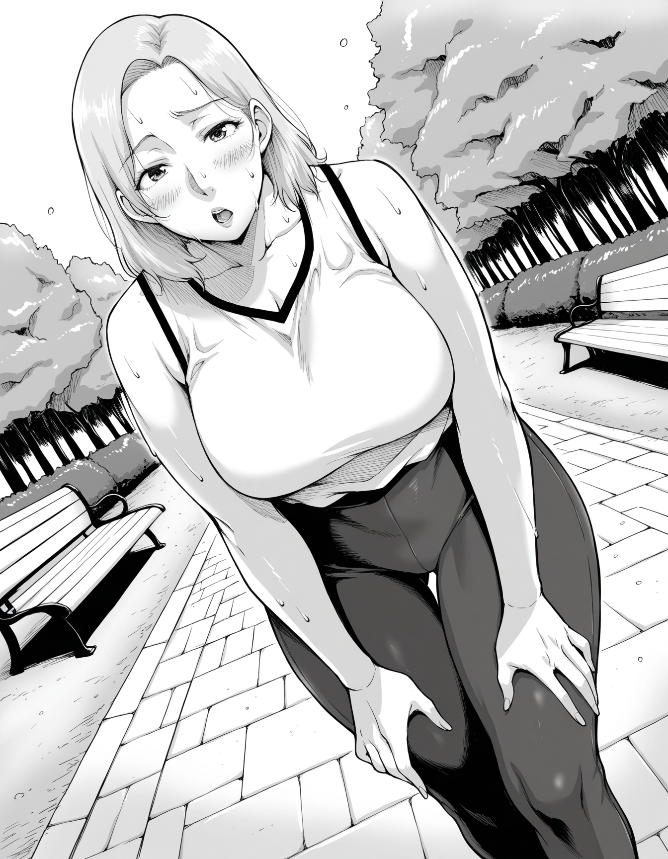 masterpiece, best quality, amazing quality, uncensored, <lora:Saiyazumi_manga_style-000008>, 5a1yazu, monochrome, greyscale, 
1girl, medium hair, mature, sportswear, yoga_pants, looking at viewer, gasp, blonde hair, 
in summer, day, dynamic_angle, park, lawn, bench, path, cowboy shot, sweat, hands on own legs, from below, walking,