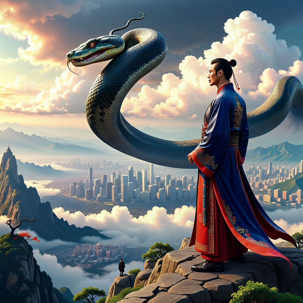 photo realistic, a man and a giant snake, face to face, overlooking a huge city in the distance, atop a mountain in the clouds, (HD, masterpiece, best quality, hyper detailed, ultra detailed, super realistic),amazing, traditional_chinese_clothes_sdxl-000006<lora:sdxl\mine\traditional_chinese_clothes_sdxl-000006.safetensors:0.8:0.8>