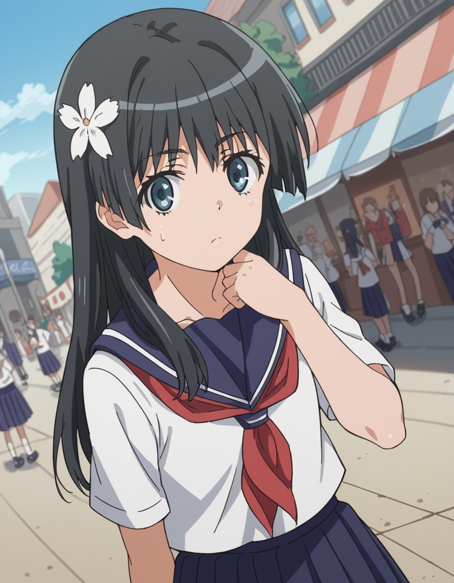 score_9, score_8_up, score_7_up, source_anime, <lora:saten-ruiko-s3-ponyxl-lora-nochekaiser:1>, saten ruiko, black hair, blue eyes, long hair, hair ornament, flower ornament,, blue skirt, pleated skirt, sakugawa school uniform, school uniform, serafuku, skirt, summer uniform,, street market, vendor, street food, bustling crowd, local flavor, vibrant, , looking at viewer, knee bent, hand on neck, foot pointed, solo,, cowboy shot, dutch angle