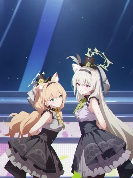 detailed background, shiny skin, posing,
<lora:antisera.pony:1>,
antisera, 2girls, mari, sakurako,
smile,
sweat, sweat drops, dancing, seductive smile, arms behind back, leaning forward,