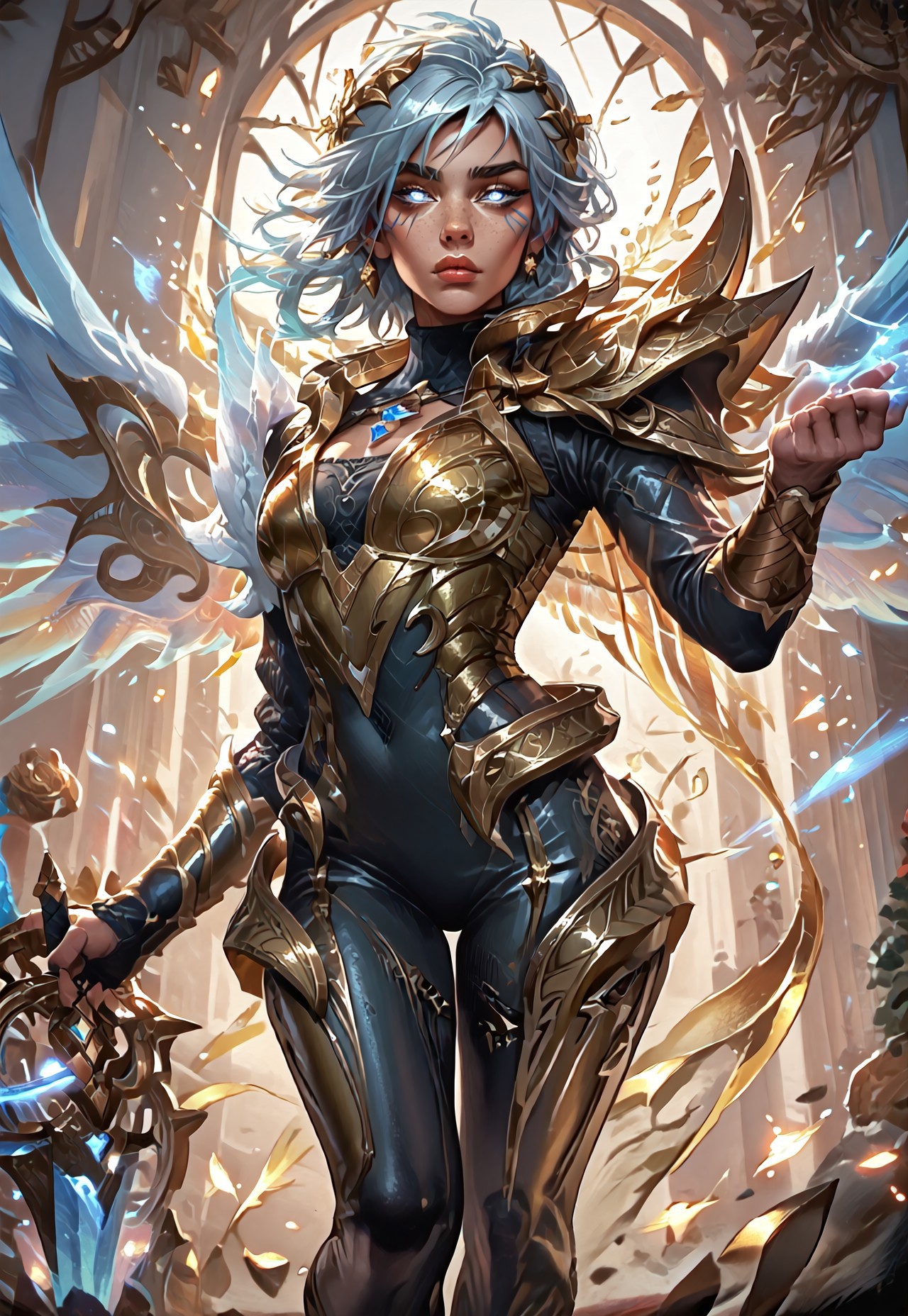 ((zPDXL3)), ((masterpiece,best quality, highly detailed)), ((score_9)), score_8_up, score_7_up, score_6_up, score_5_up, score_4_up, ((EnhanceImage)), L0LSPL4SH, year2024, year2023, West Studio, sixmorevodka, solo, DBRiven, silver hair, golden armor, black bodysuit, bodysuit, golden shoulder armor, sidebraid, silver eyes, cleavage, short hair, gold shoes, heels, wings, angel wings, blue hand, sword, Expressiveh, tanned-skin, 30yo, adult lustful confident woman, petite, slender body, perky saggy natural breasts, full lips, bangs, sidelocks, straps,
chinese magical sorceress, animated, swirling magic, wisps of magic, dancing pose, tight squeezed outfit, magical accessories, evoking motion, conveying motion, dynamic splash art
<lora:PainterlyFantasiaPDXL:0.6>
