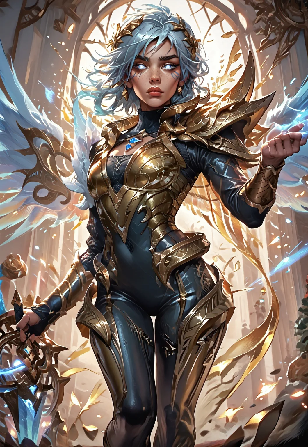 ((zPDXL3)), ((masterpiece,best quality, highly detailed)), ((score_9)), score_8_up, score_7_up, score_6_up, score_5_up, score_4_up, ((EnhanceImage)), L0LSPL4SH, year2024, year2023, West Studio, sixmorevodka, solo, DBRiven, silver hair, golden armor, black bodysuit, bodysuit, golden shoulder armor, sidebraid, silver eyes, cleavage, short hair, gold shoes, heels, wings, angel wings, blue hand, sword, Expressiveh, tanned-skin, 30yo, adult lustful confident woman, petite, slender body, perky saggy natural breasts, full lips, bangs, sidelocks, straps,
chinese magical sorceress, animated, swirling magic, wisps of magic, dancing pose, tight squeezed outfit, magical accessories, evoking motion, conveying motion, dynamic splash art
<lora:PainterlyFantasiaPDXL:0.6>
